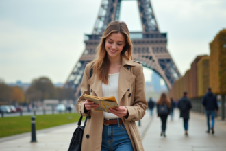 Jeune femme en trench beige devant la Tour Eiffel en voyage