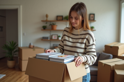 Jeune femme emballant des livres dans un carton dans un salon
