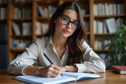 Jeune femme en blouse écrivant dans un cahier de grammaire française