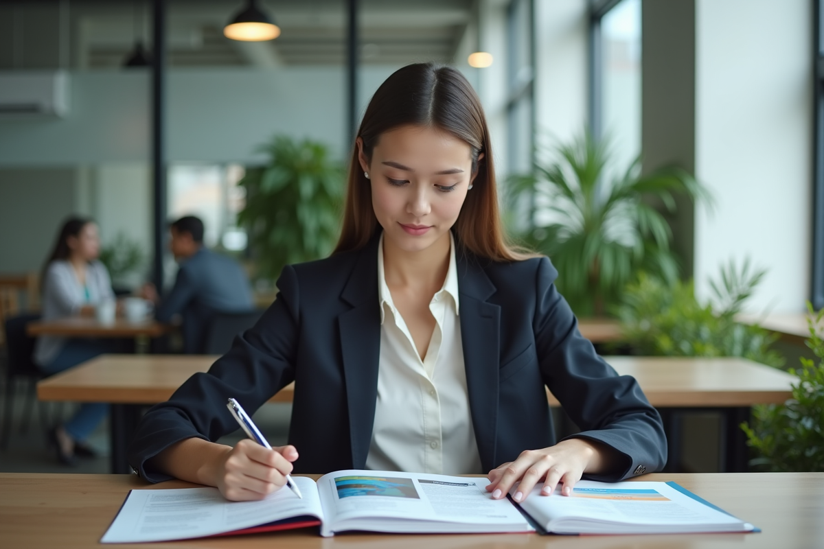 Jeune femme examinant des brochures d