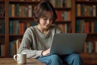 Jeune femme lisant une fanfiction Harry Potter dans un intérieur cosy