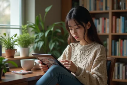 Jeune femme lisant un manga yaoi sur une tablette à la maison