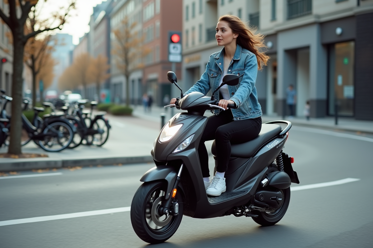 Jeune femme en denim roulant en moto dans la ville