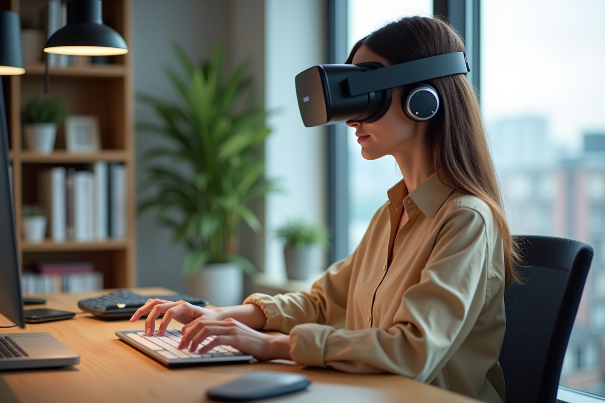 Jeune femme avec casque VR dans un bureau moderne