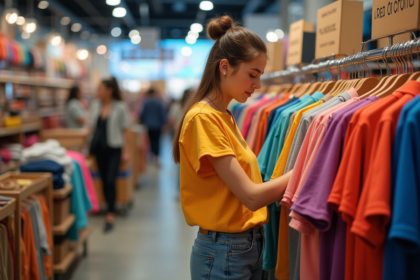 Jeune femme examine un rayon de vêtements colorés en magasin