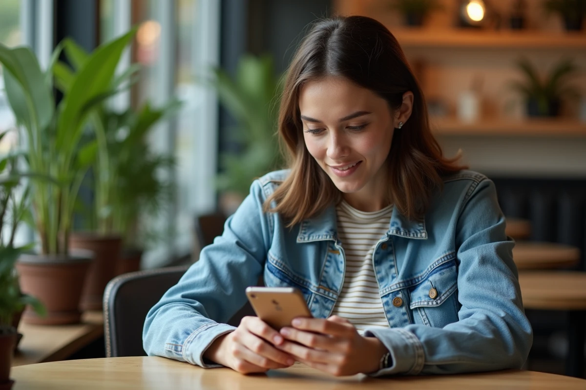 Jeune femme en denim et rayures au café utilisant son smartphone