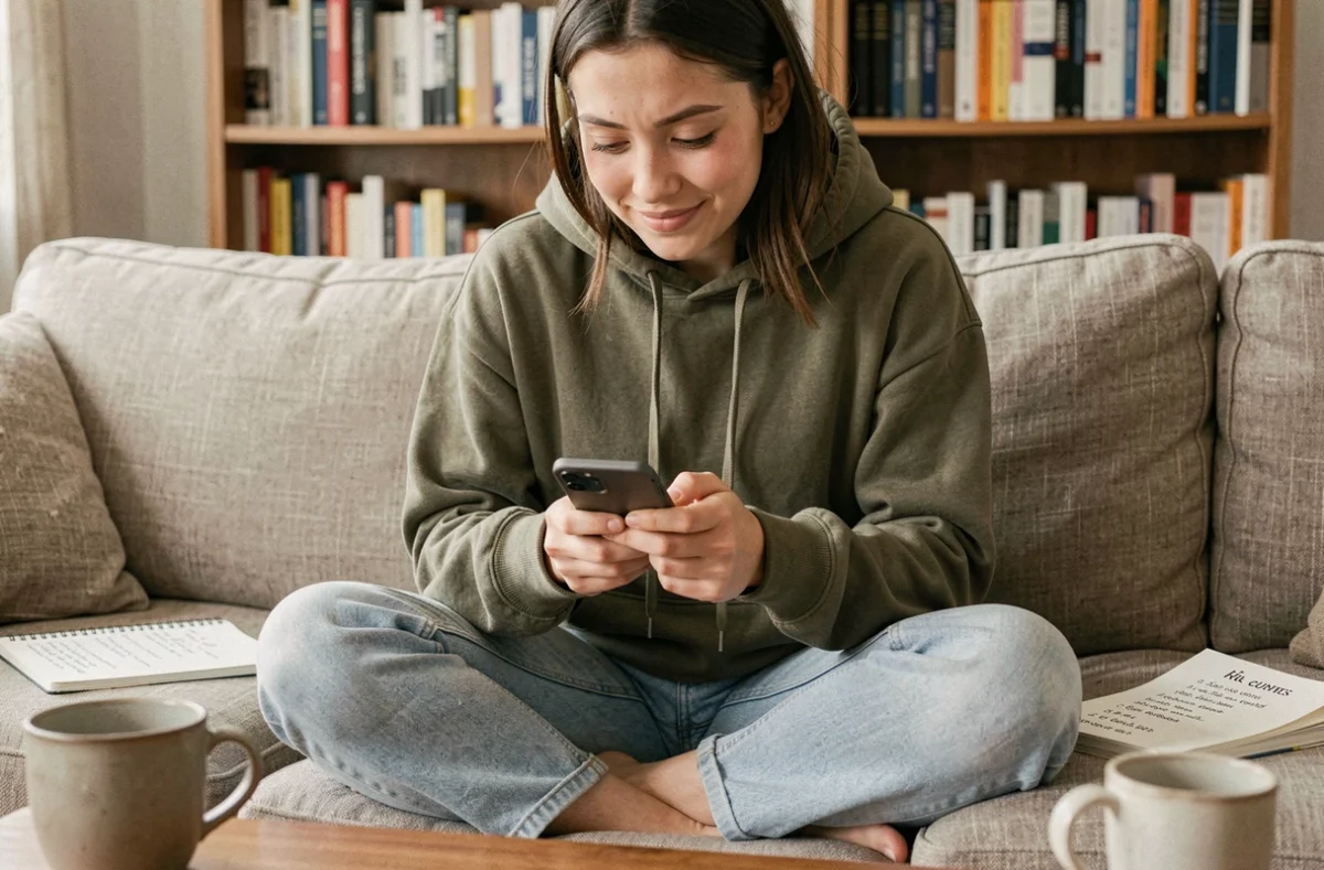 Jeune femme hésitant sur l'orthographe correcte en tapant un message sur son smartphone, illustrant le doute courant entre je t'envoie et je t'envoi