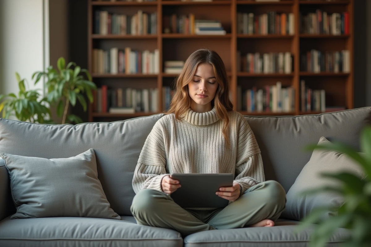 Jeune femme relisant et améliorant son style d'écriture sur tablette dans un salon cosy