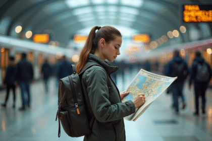 Jeune femme étudie une carte dans une gare animée