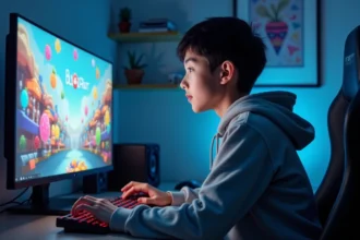 Jeune garçon concentré jouant sur un grand écran gaming