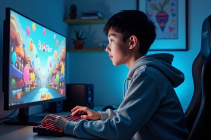 Jeune garçon concentré jouant sur un grand écran gaming