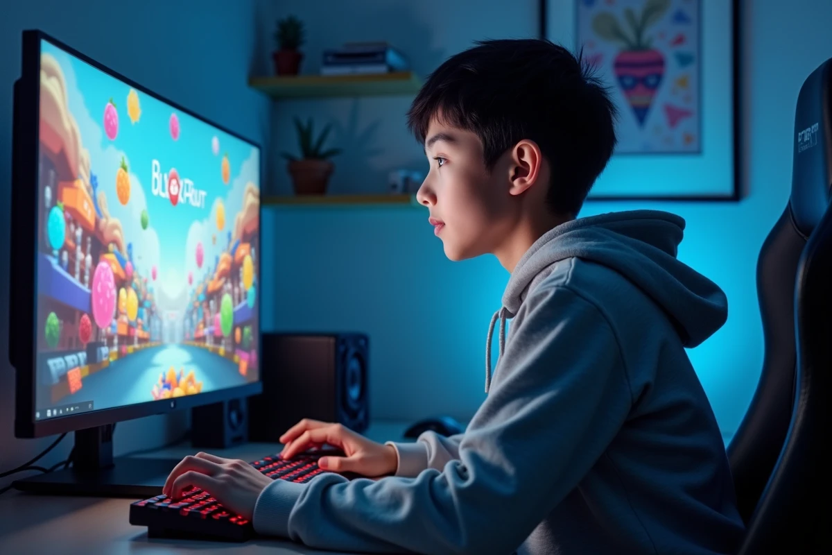 Jeune garçon concentré jouant sur un grand écran gaming