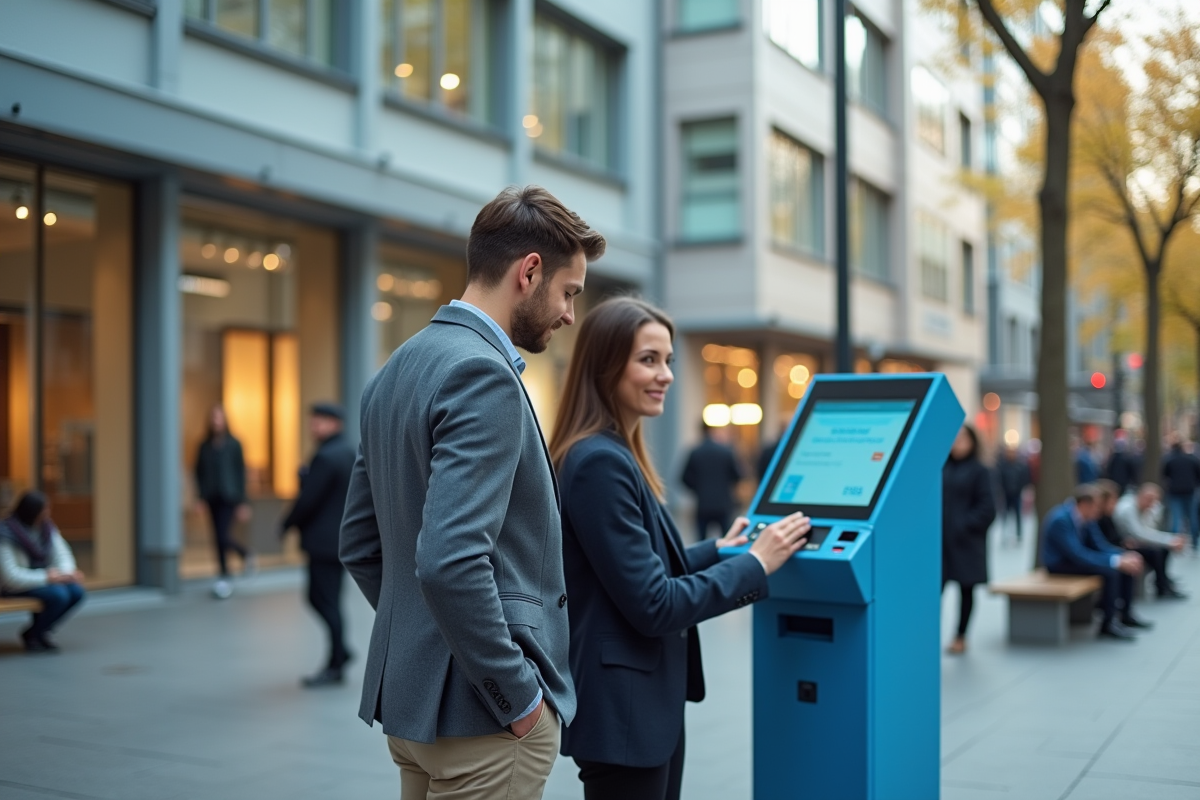 Jeune homme utilisant un kiosque bancaire mobile en ville