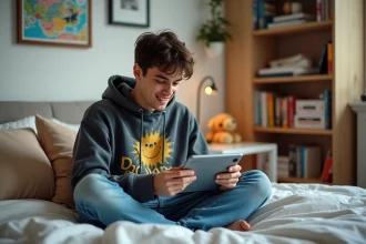 Jeune homme lisant manga sur tablette dans sa chambre
