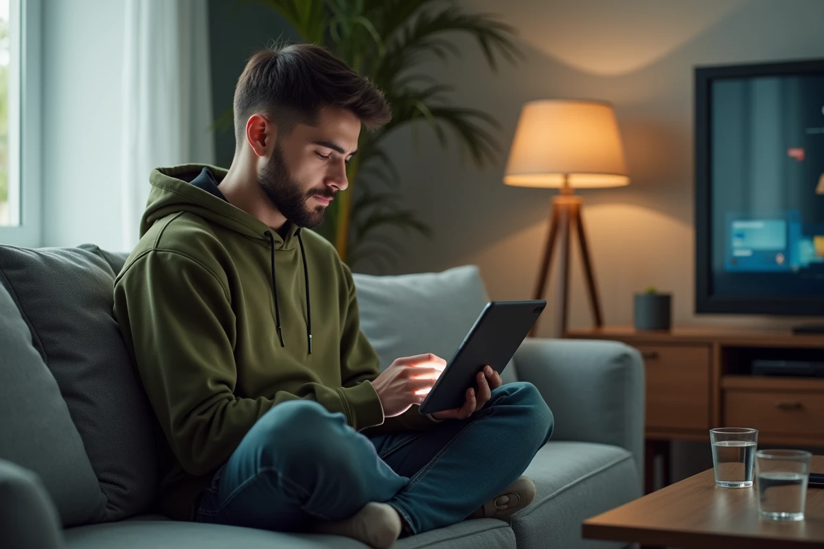 Jeune homme utilisant le chat du service client Sosh sur une tablette depuis son salon
