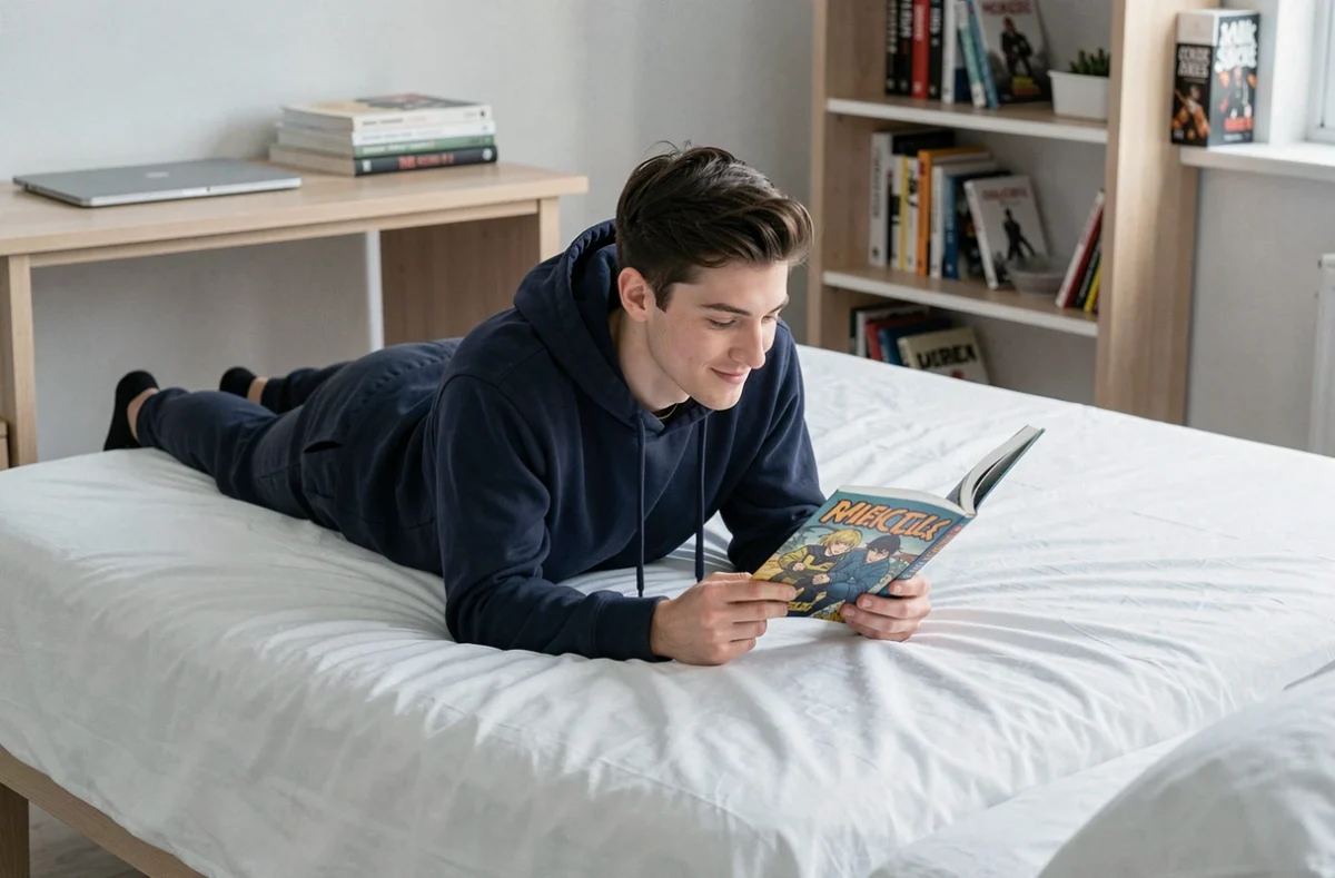 Jeune homme allongé sur son lit lisant un volume de manhwa physique dans une chambre d'étudiant moderne, idéal pour illustrer la découverte des manhwas
