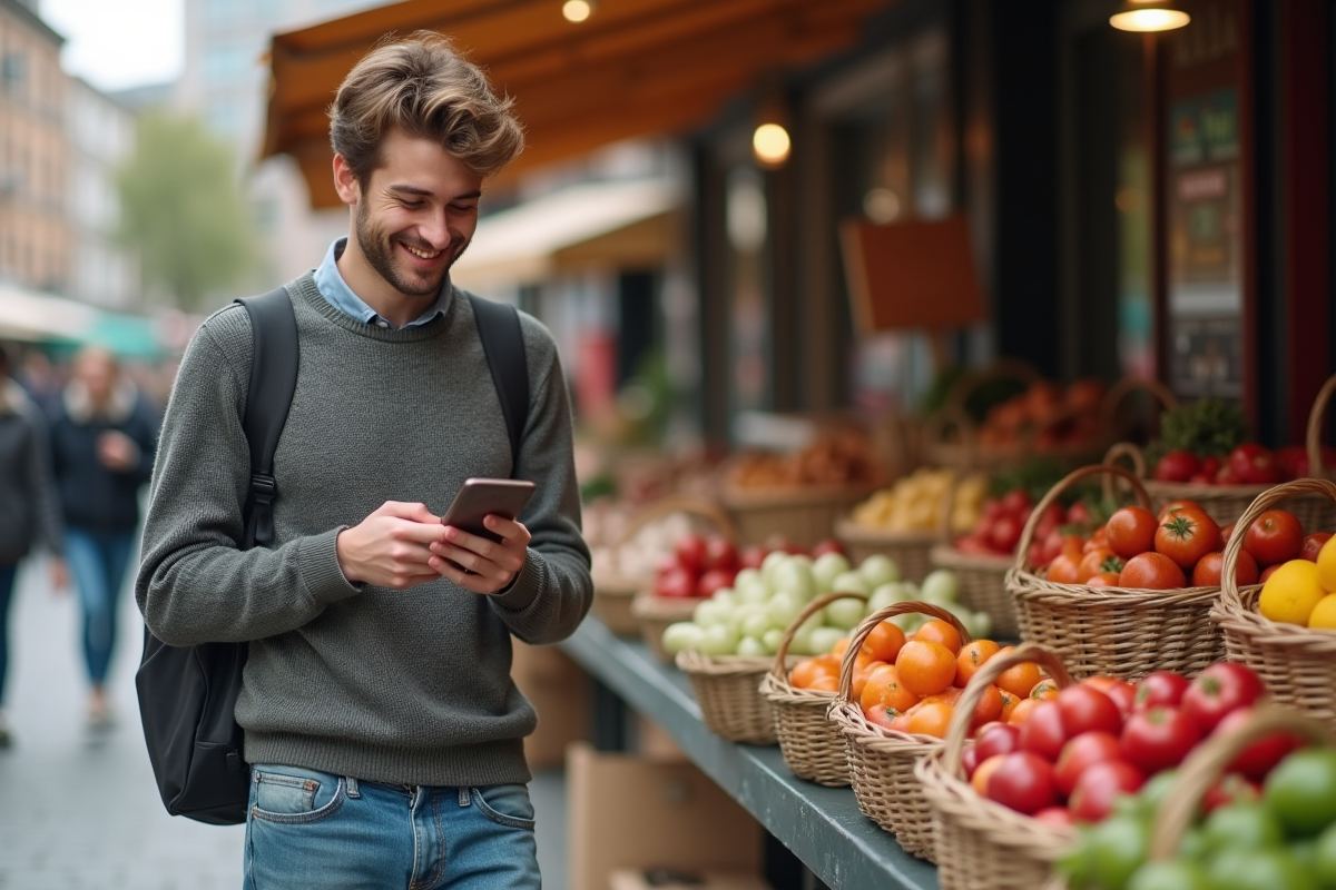 Jeune homme fait ses courses dans un marché en plein air