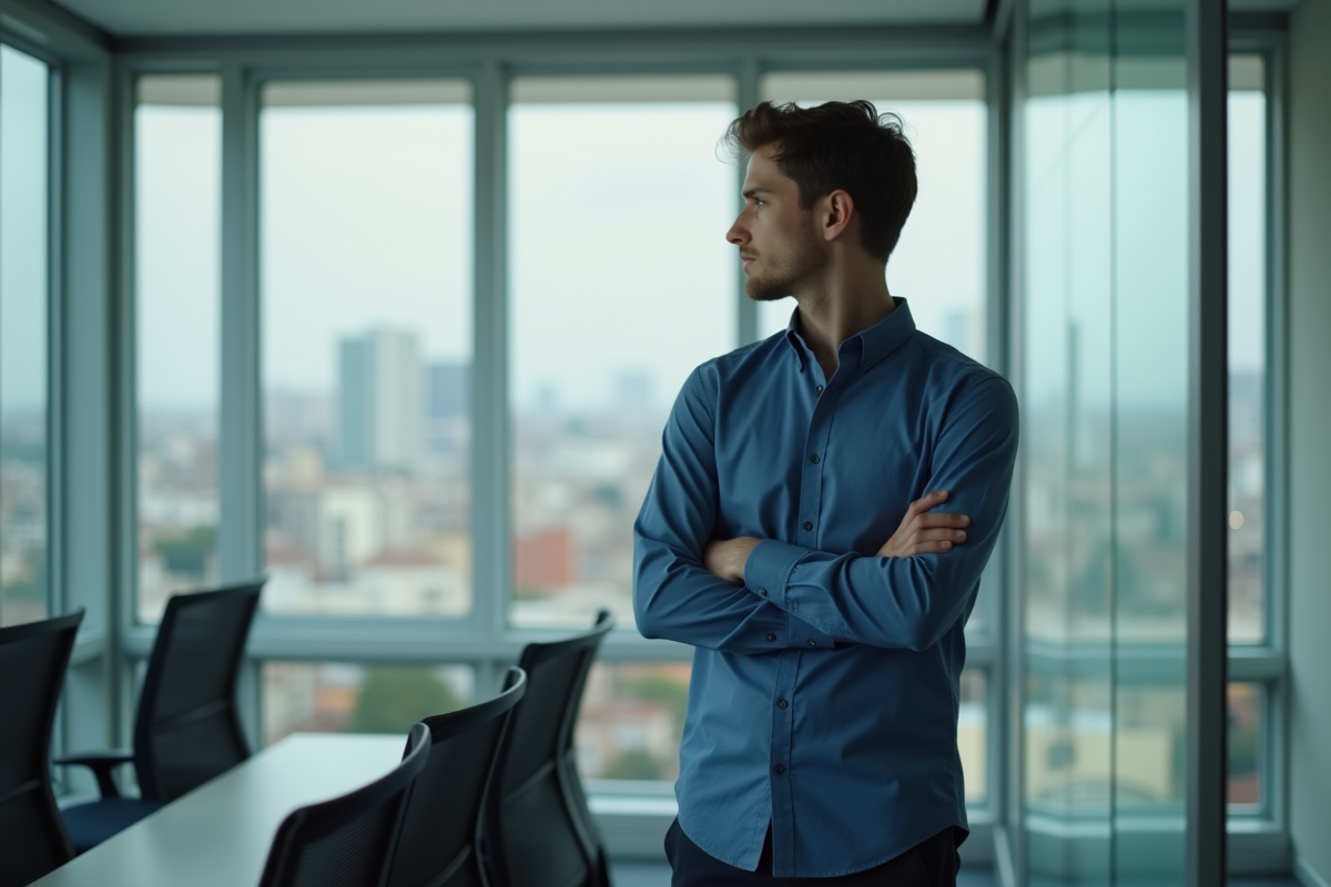 Jeune homme regardant par la fenêtre dans un bureau