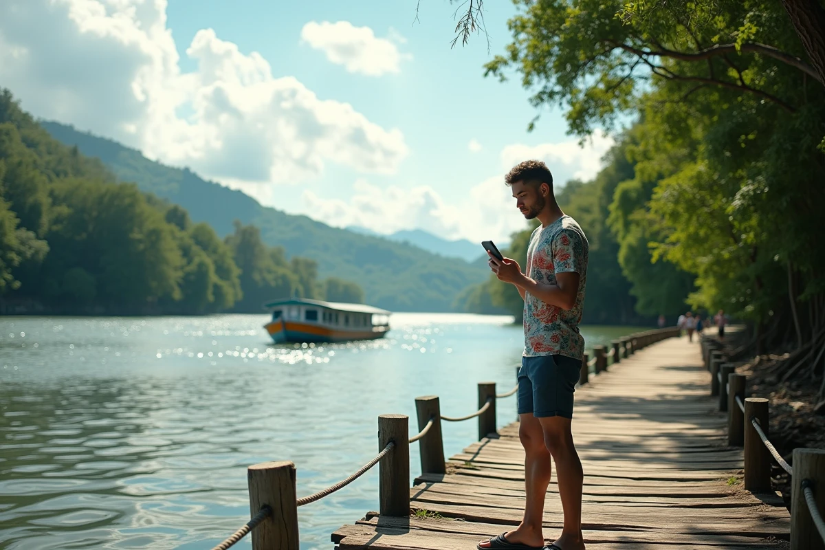 Jeune homme au bord de la rivière Maroni avec bateau approchant