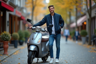 Jeune homme souriant avec scooter en ville