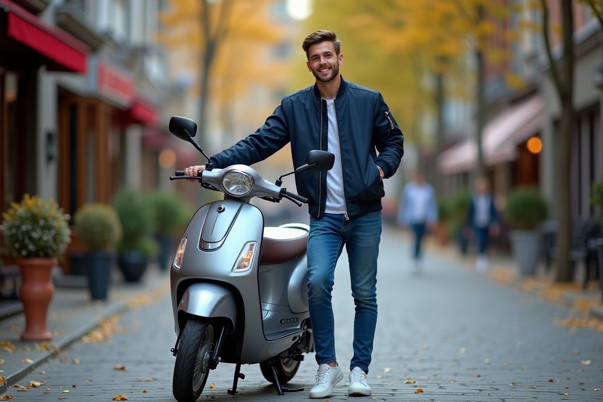 Jeune homme souriant avec scooter en ville