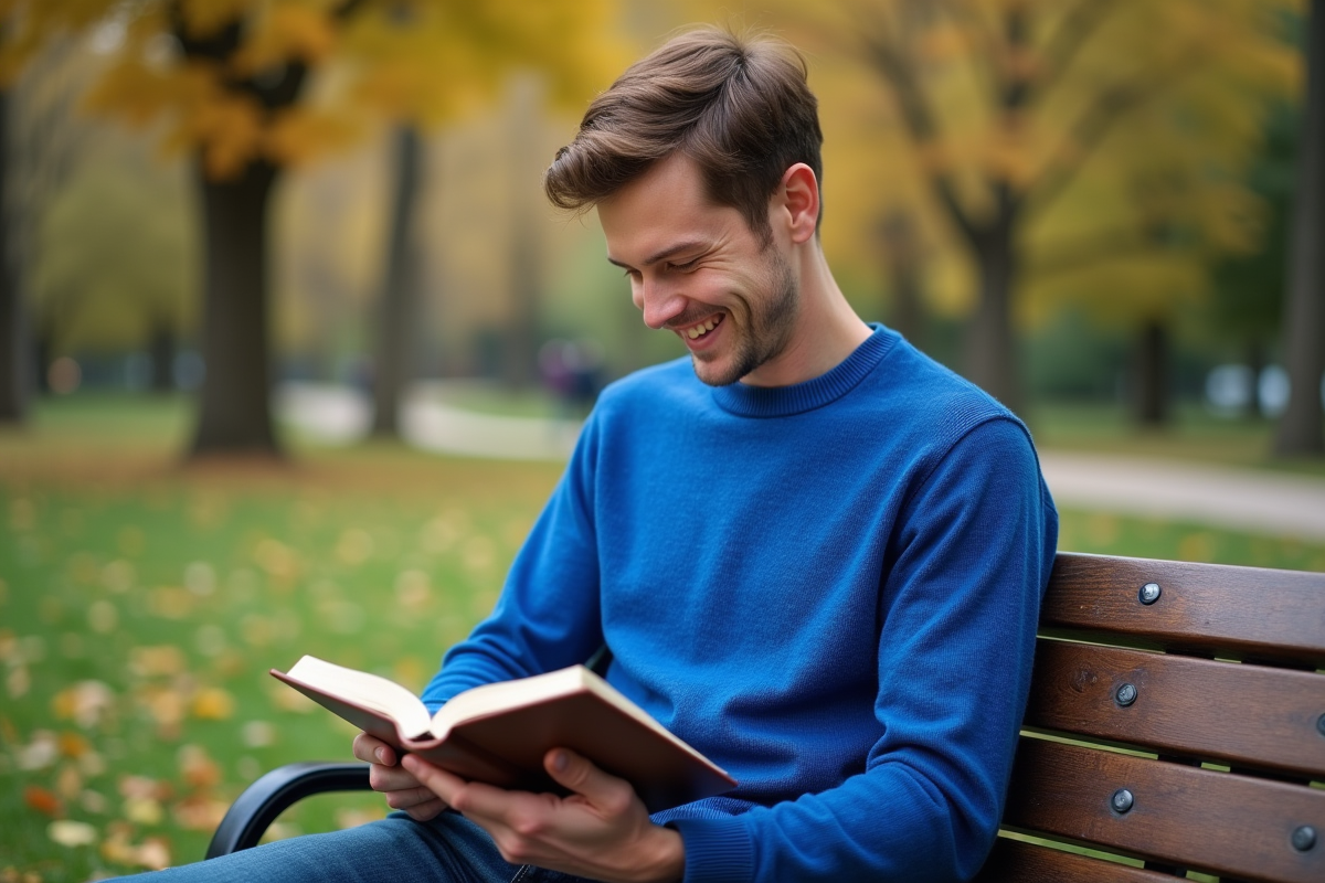 Jeune homme en pull bleu assis dans un parc naturel