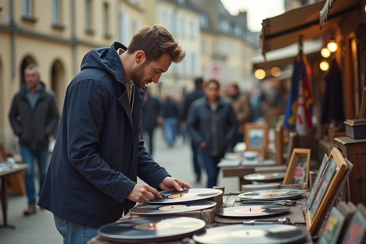 Jeune homme examinant un vinyle dans un vide grenier animé