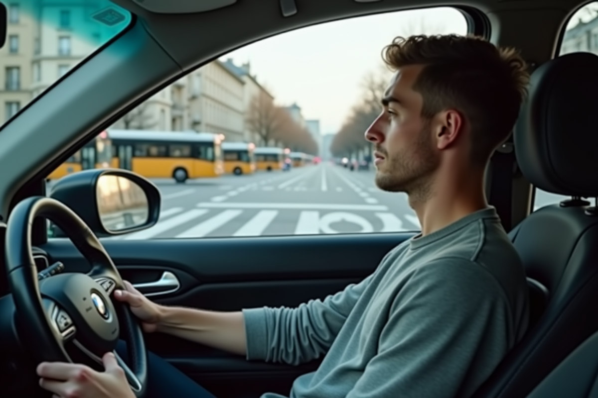 Jeune homme dans une voiture regardant la voie futuriste