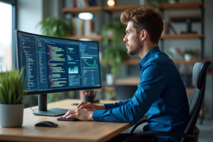 Jeune homme en bleu code sur un écran dans un bureau moderne