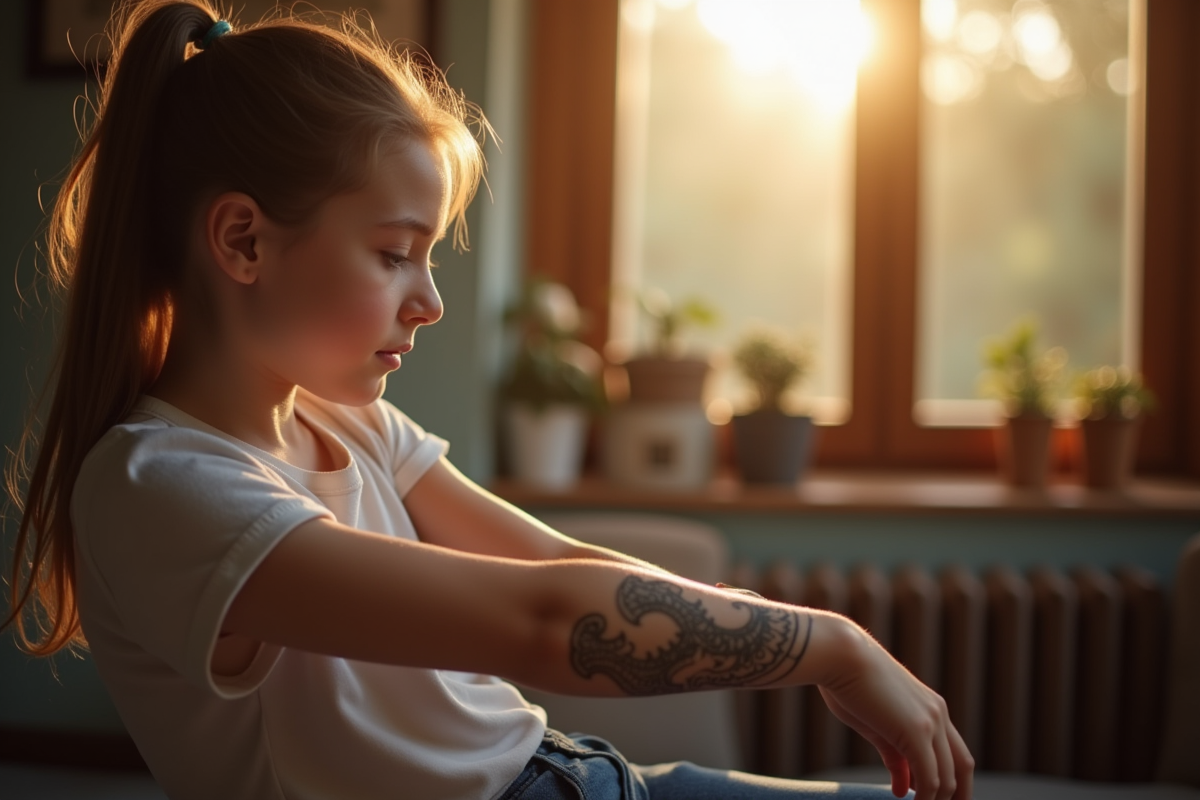 Jeune personne montrant un tatouage tribal guéri près d