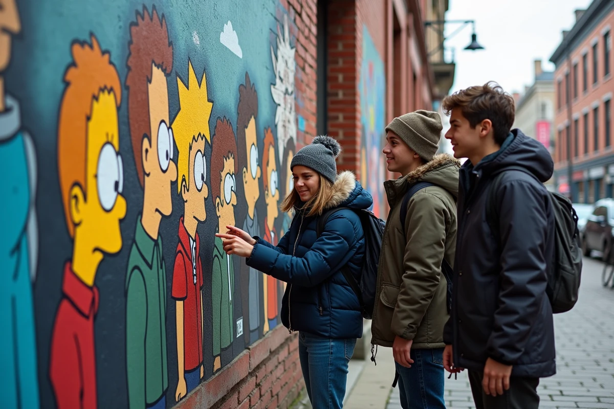 Jeunes devant un mural urbain avec référence à Bjorn