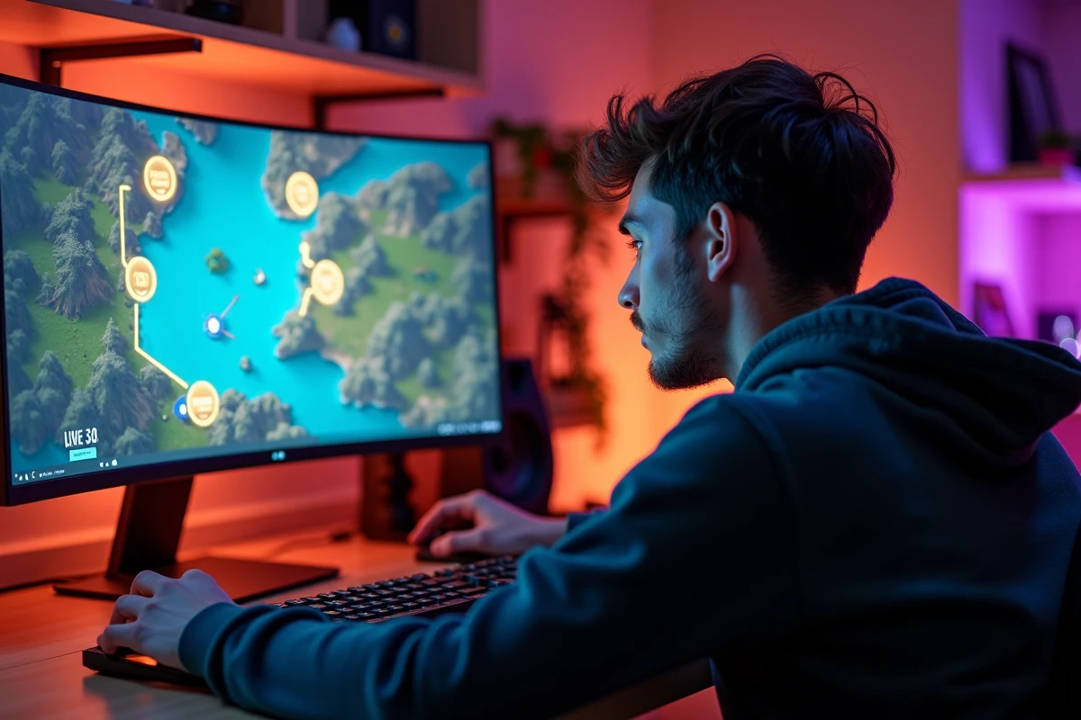 Joueur focalisé devant un écran affichant une carte de jeu Dofus avec des routes de portails colorées