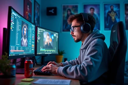 Joueur de League of Legends frustré devant ses statistiques de temps de jeu sur plusieurs écrans dans un setup gaming