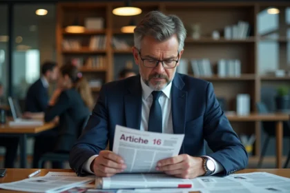 Journaliste en costume bleu analysant des journaux dans un bureau