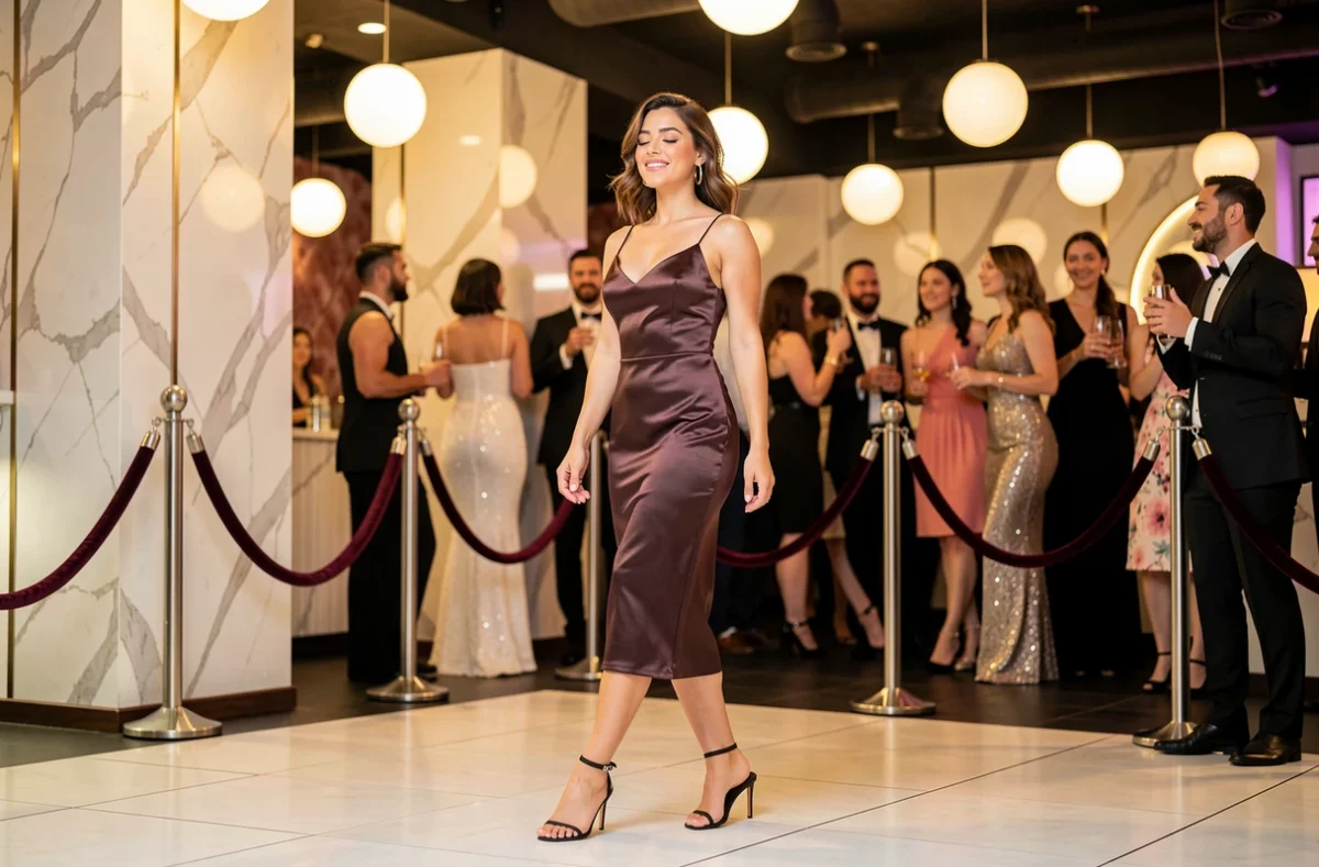 Femme élégante en robe satinée dansant dans l'ambiance chic et feutrée du Joy Club Lille