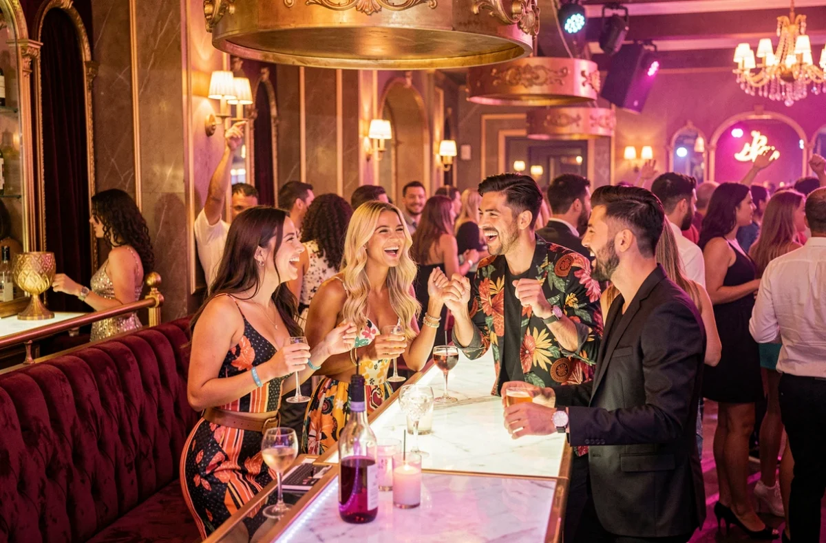 Groupe d'amis festifs dansant près du bar lumineux de la boîte de nuit Le Baron à Lille