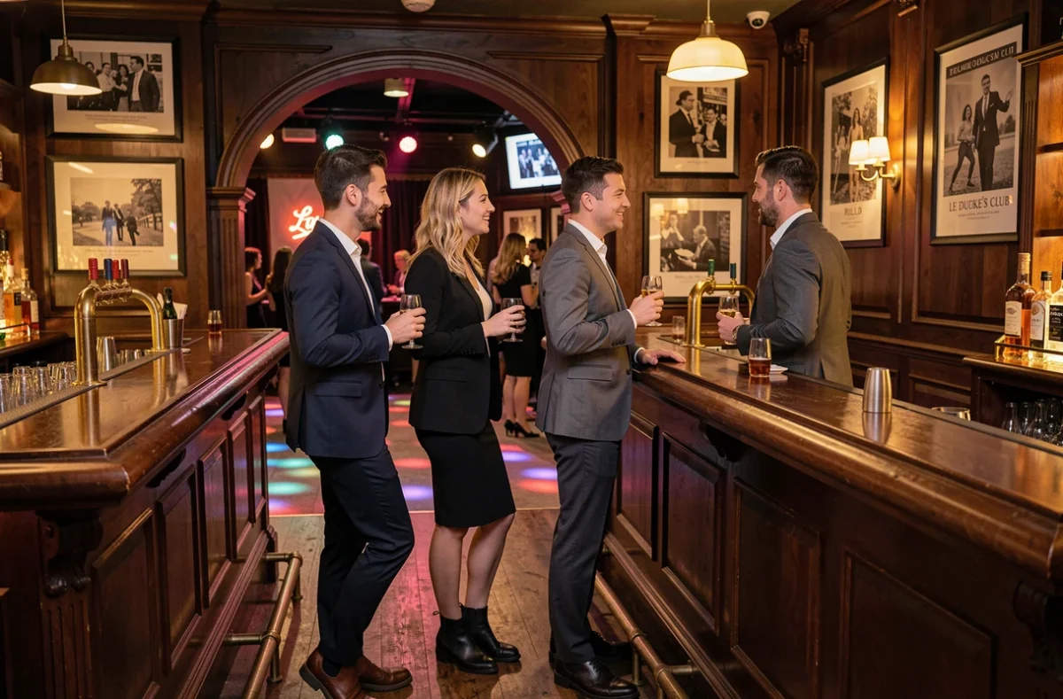 Groupe d'adultes élégants discutant au bar en bois du Duke's Club, discothèque classique à Lille