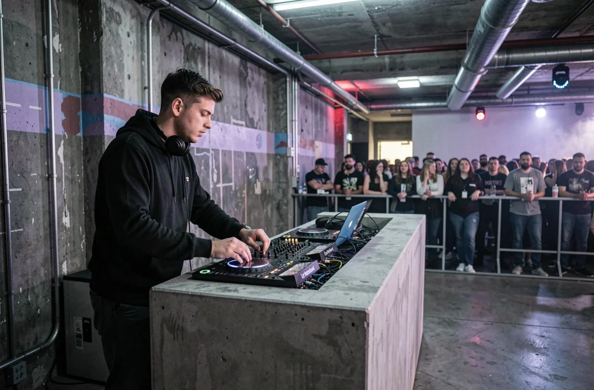 Intérieur sombre et industriel du club techno Le Network à Lille avec un DJ devant une console minimaliste