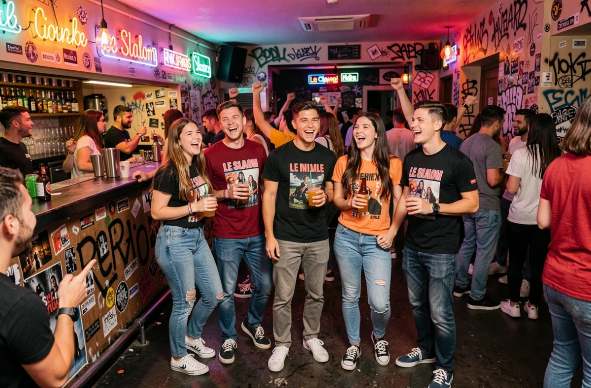 Groupe d'étudiants joyeux trinquant devant le bar néon du club étudiant Le Slalom à Lille