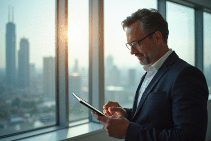 Chef d'entreprise regardant des graphiques financiers en ville