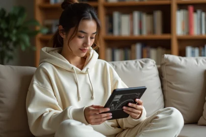 Jeune femme lisant un manga sur tablette via une plateforme de scans en ligne comme Sushiscan FR