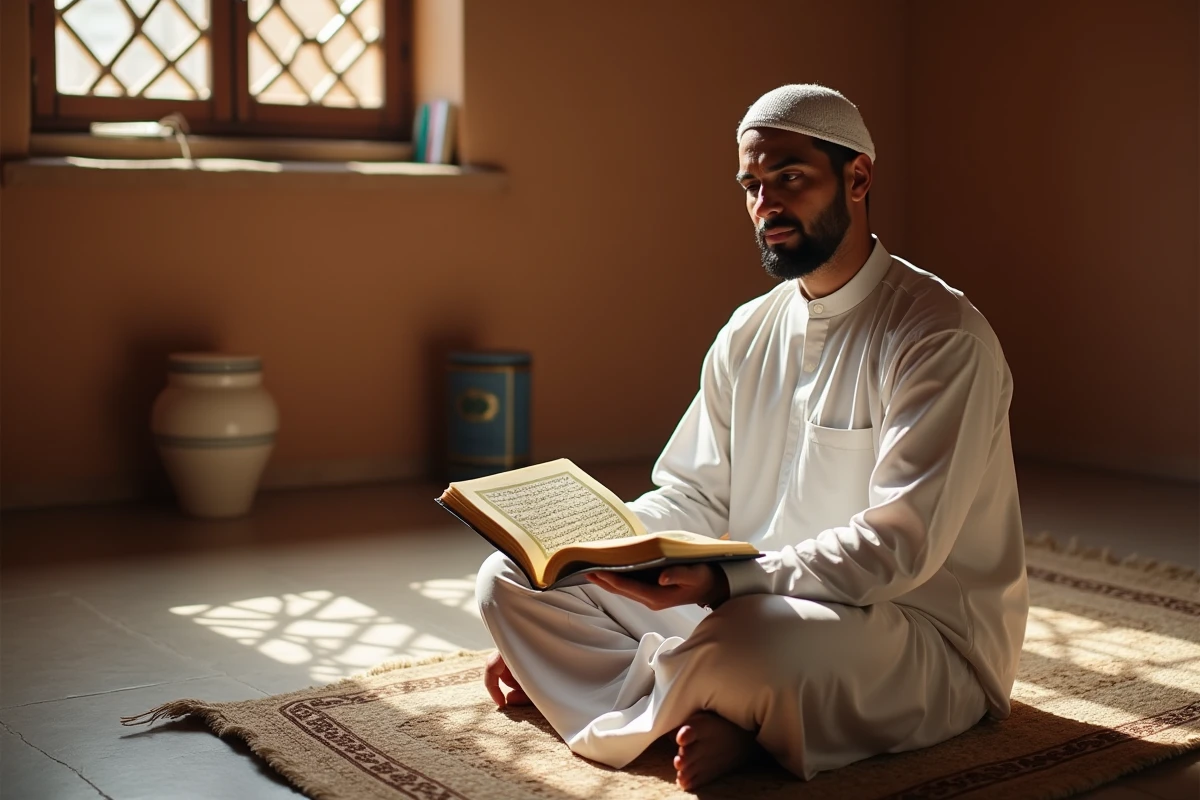 Homme musulman lisant la sourate Al Kahf dans un Coran ouvert lors de la prière du vendredi