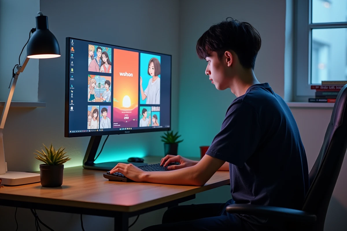 Homme lisant un webtoon manhwa en français sur ordinateur, interface de lecture verticale en ligne