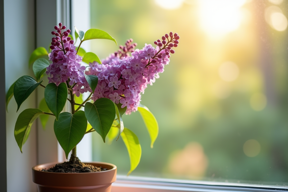 Lilas en pot sur une fenêtre avec lumière du matin