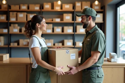 Livreur remettant un colis à une cliente souriante en point relais