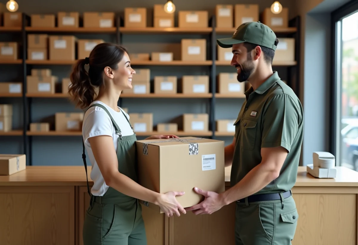 Livreur remettant un colis à une cliente souriante en point relais