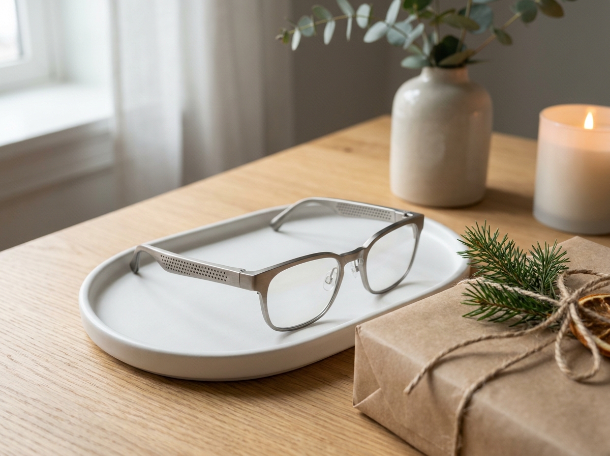Lunettes connectées posées près d'un emballage cadeau de fin d'année sur une table en bois