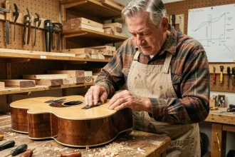 Luthier expérimenté inspectant la qualité d'une guitare acoustique Atlantic dans un atelier de lutherie traditionnel