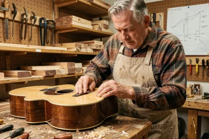 Luthier expérimenté inspectant la qualité d'une guitare acoustique Atlantic dans un atelier de lutherie traditionnel