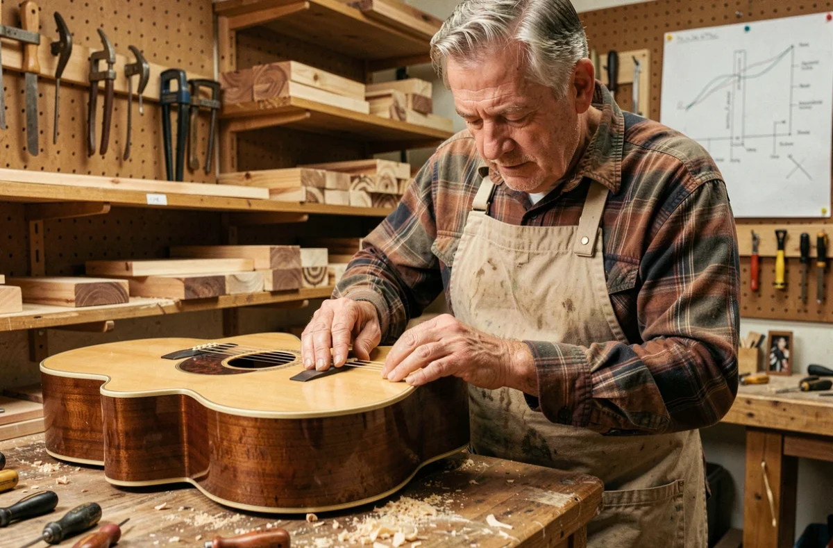 Luthier expérimenté inspectant la qualité d'une guitare acoustique Atlantic dans un atelier de lutherie traditionnel